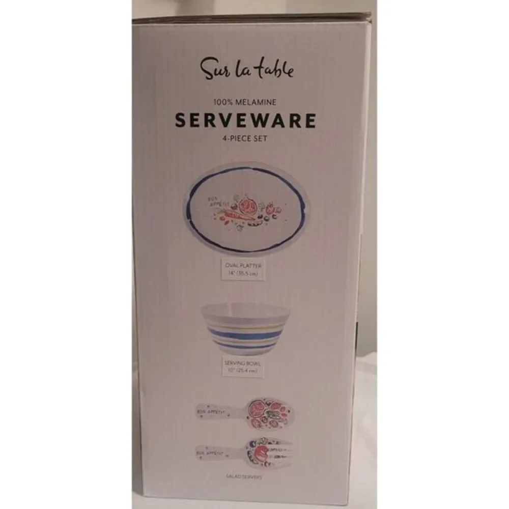 NEW Sur La Table 4-Pc. Melamine Serving‎ Set, Oval Platter, Bowl, Salad Servers